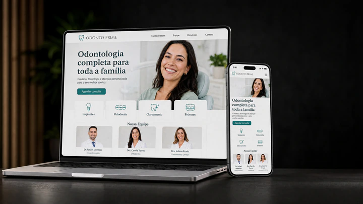 Notebook e celular exibindo o site de uma clínica odontológica: retrato de uma paciente sorrindo, quatro ícones de especialidade e um bloco com a apresentação da equipe.
